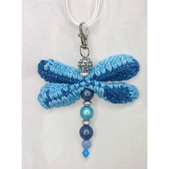 Artisan Made Beaded Dragonfly Keychain Crochet Wings Disco Ball Head Purse Charm - Picture 9 of 10
